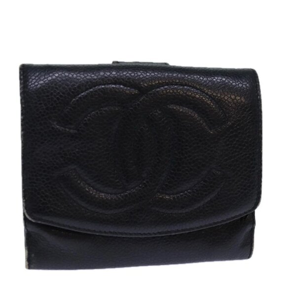 CHANEL COCO Mark Wallet Grained Calf Skin Black Gold CC Auth bs16752 - Picture 1 of 16